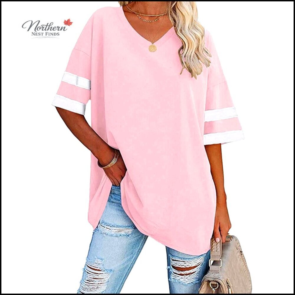 Oversized Tunic Top, Color Block Striped Half Sleeve, 65% Cotton 35% Polyester